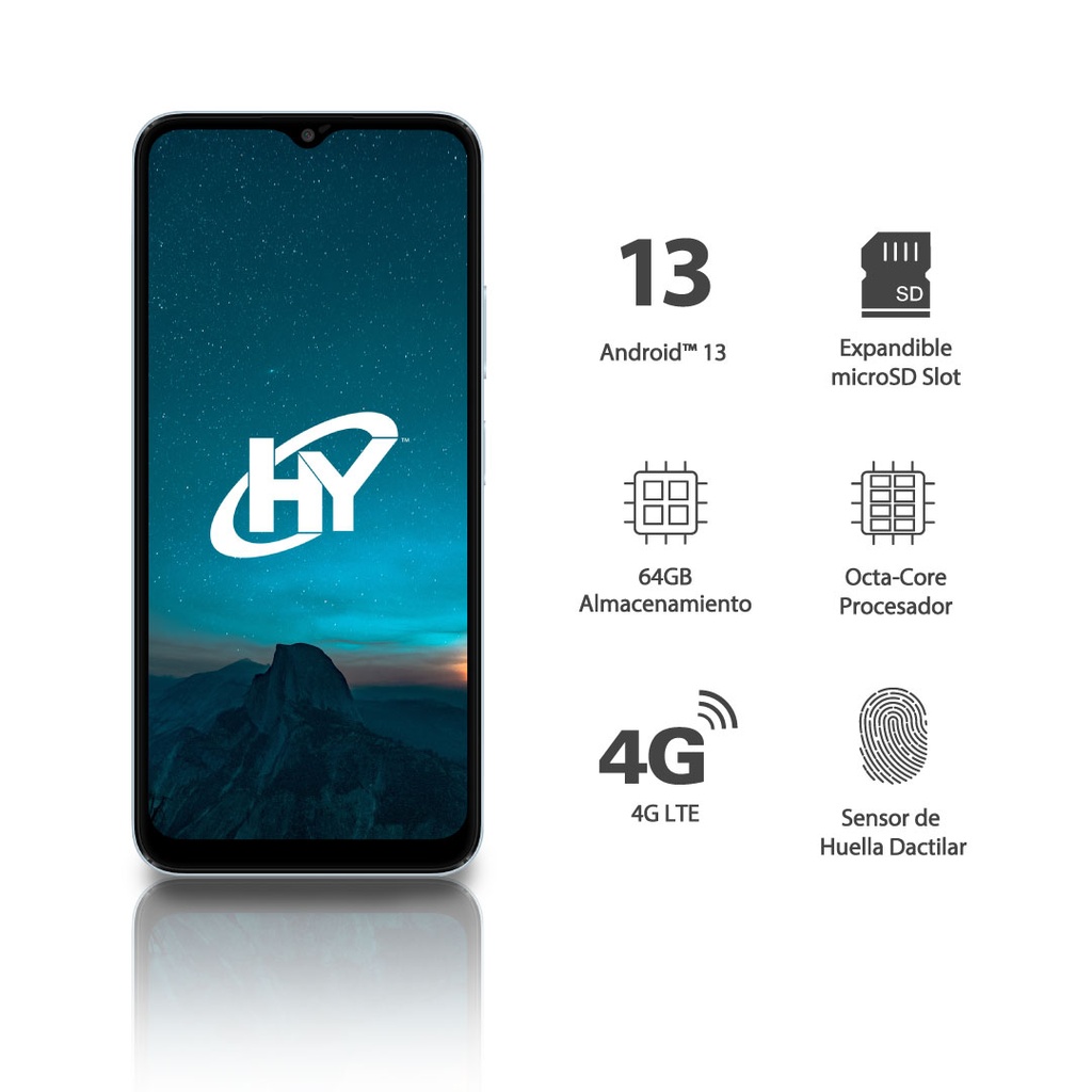 Celular HYLine 6.56" 4GB 64GB 5MP/13MP Android Incluye Estuche Transparente Protector de Pantalla Auriculares Azul